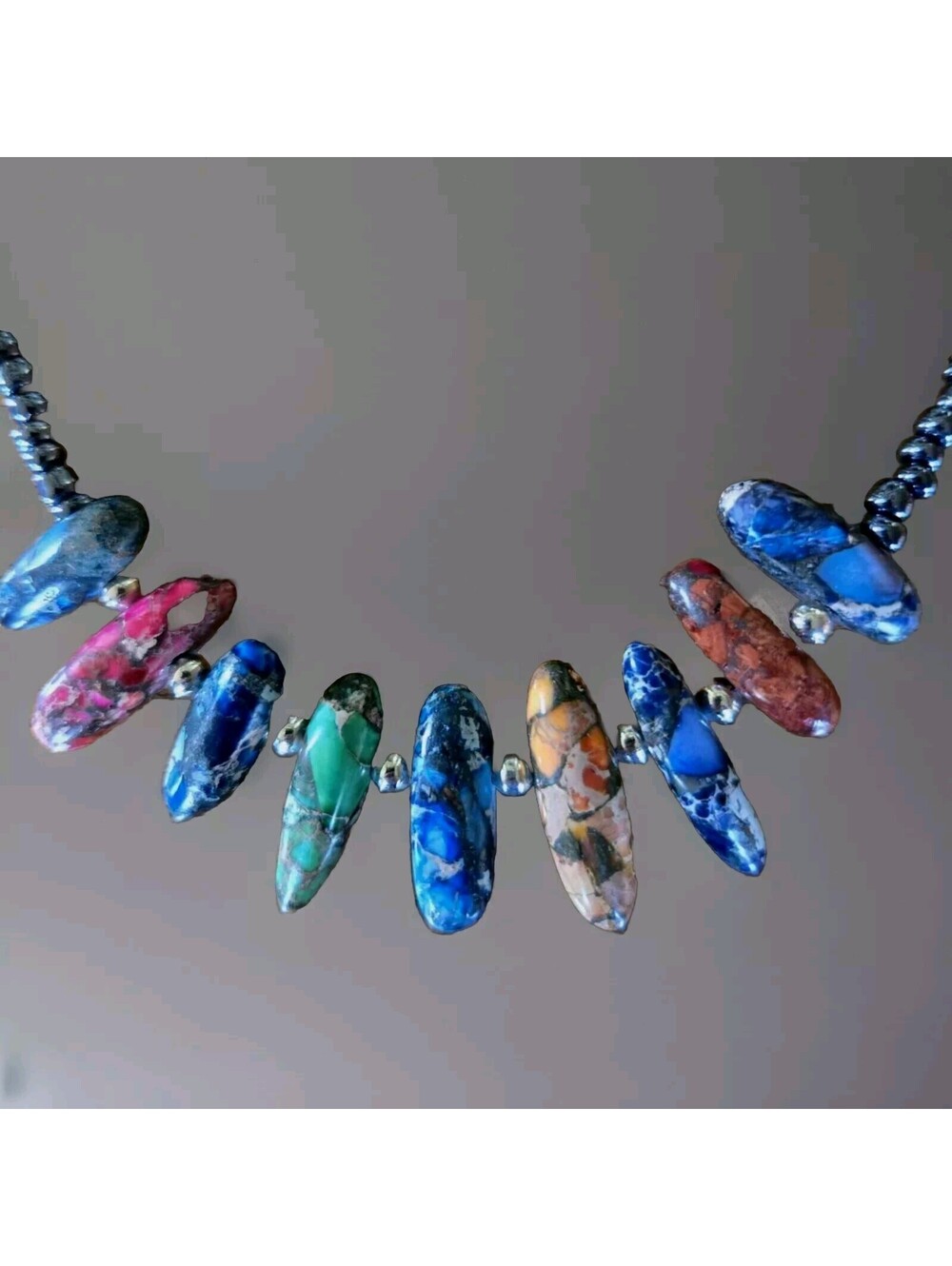 Beautiful Natural Gem Oval Shape  Stones  and Small Bead Chain 18" Long
